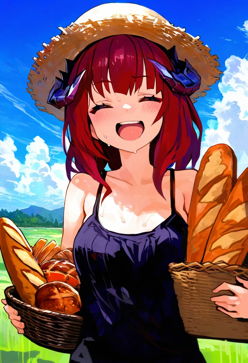 fuzichoco,amazuyu tatsuki,misaka 12003-gou,kaamin \(mariarose753\),as109,fkey, - 1girl,bagpipe \(arknights\),arknights,baguette,blush,bread,croissant,holding basket,pretzel,upper body,straw hat,field,sky,laughing,sweat,sunlight,