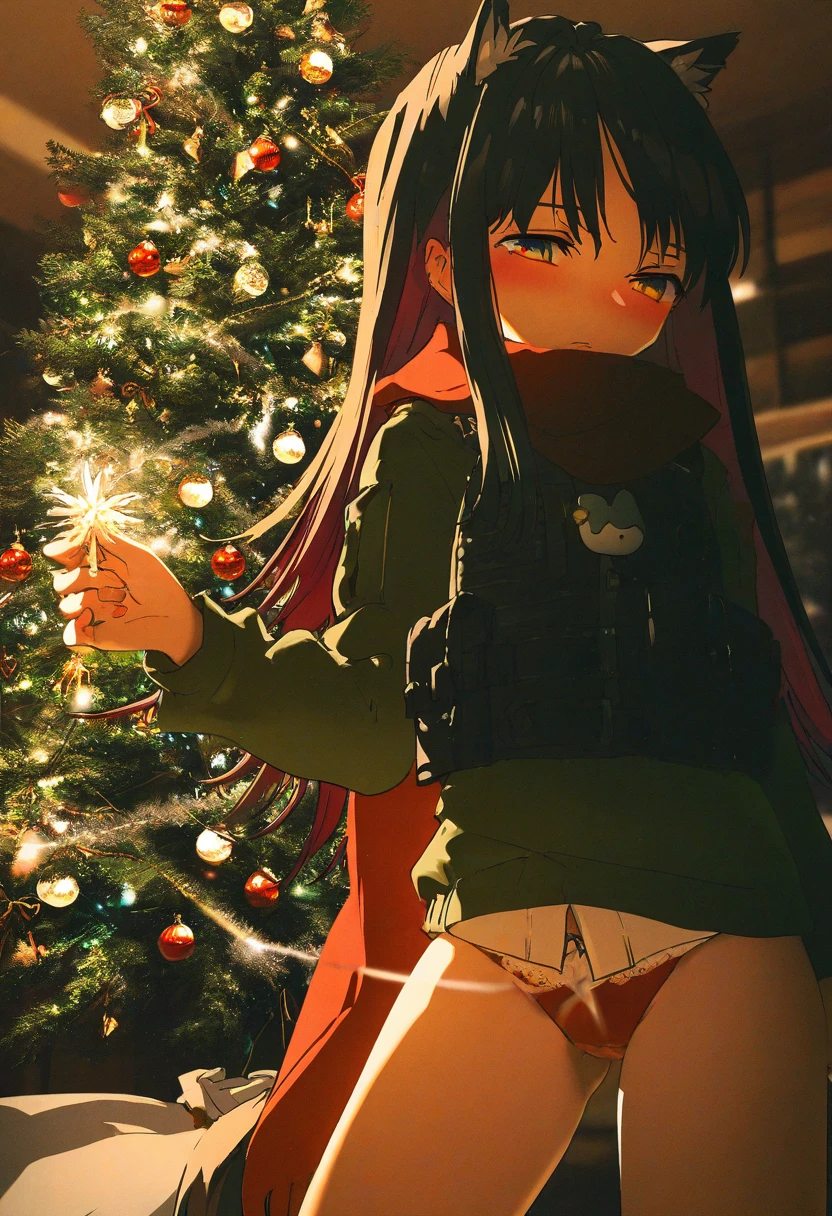 [[nanmokaken,butterchalk]],((yoneyama mai,miyo \(ranthath\),yoshinari you,potg\(piotegu\))), - 1girl,texas \(arknights\),arknights,underwear,tactical vest,christmas tree,christmas ornaments,
