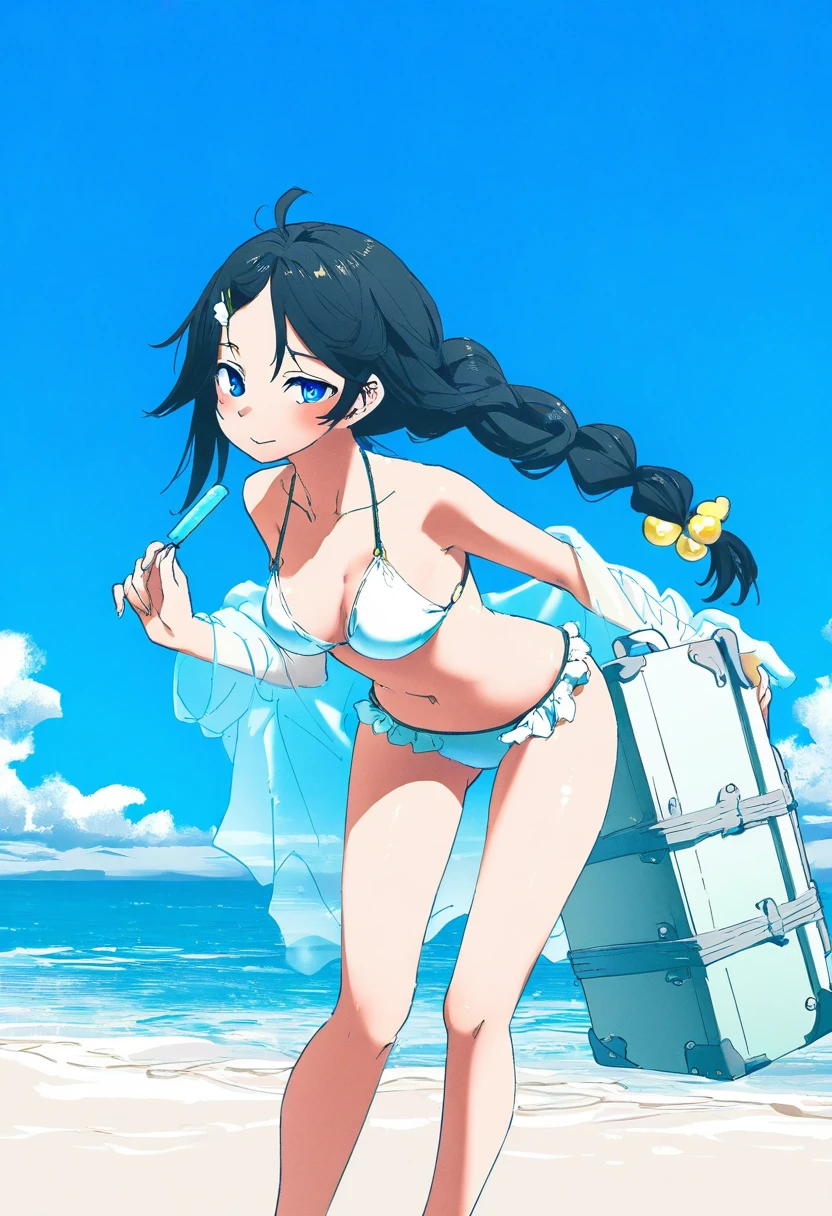 [[nanmokaken,butterchalk]],((yoneyama mai,miyo \(ranthath\),yoshinari you,potg\(piotegu\))), - 1girl,la pluma \(summer flowers\) \(arknights\),arknights,white bikini,outdoors,navel,day,sky,blue sky,beach,suitcase,looking at viewer,ocean,low-tied long hair,leaning forward,standing,holding,frills,hand up,bare shoulders,floating hair,