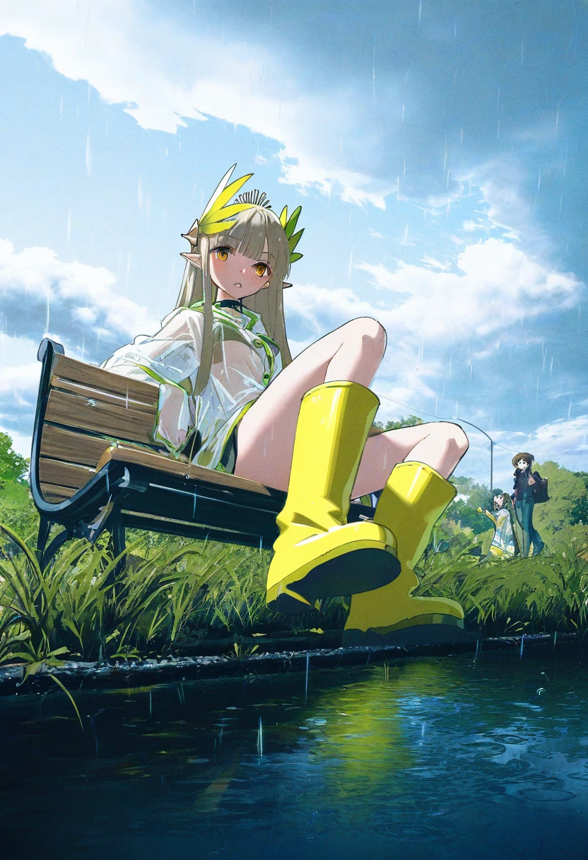 [[nanmokaken,butterchalk]],((yoneyama mai,miyo \(ranthath\),yoshinari you,potg\(piotegu\))), - 1girl,muelsyse \(arknights\),arknights,cloudy sky,grass,on bench,outdoors,rain,road,yellow rubber boots,see-through coat,sitting,transparent raincoat,water drop,