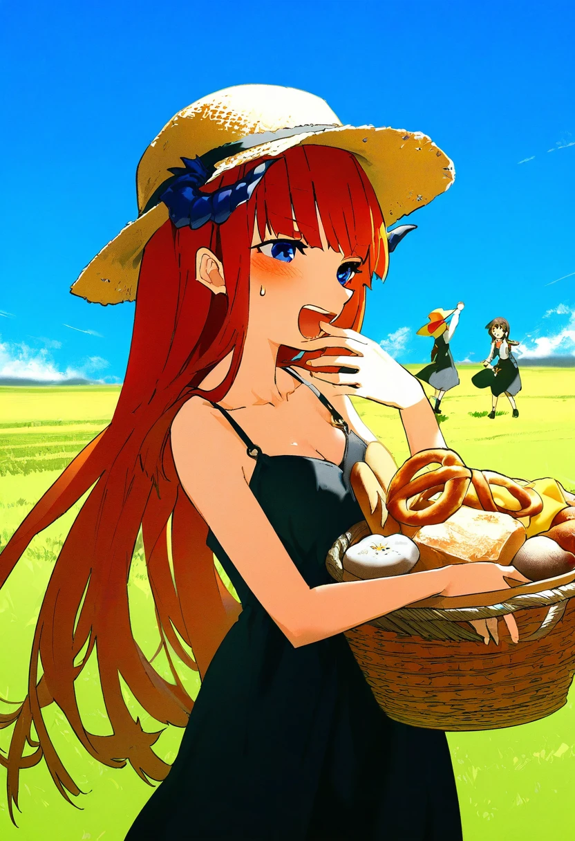 [[nanmokaken,butterchalk]],((yoneyama mai,miyo \(ranthath\),yoshinari you,potg\(piotegu\))), - 1girl,bagpipe \(arknights\),arknights,baguette,blush,bread,croissant,holding basket,pretzel,upper body,straw hat,field,sky,laughing,sweat,sunlight,