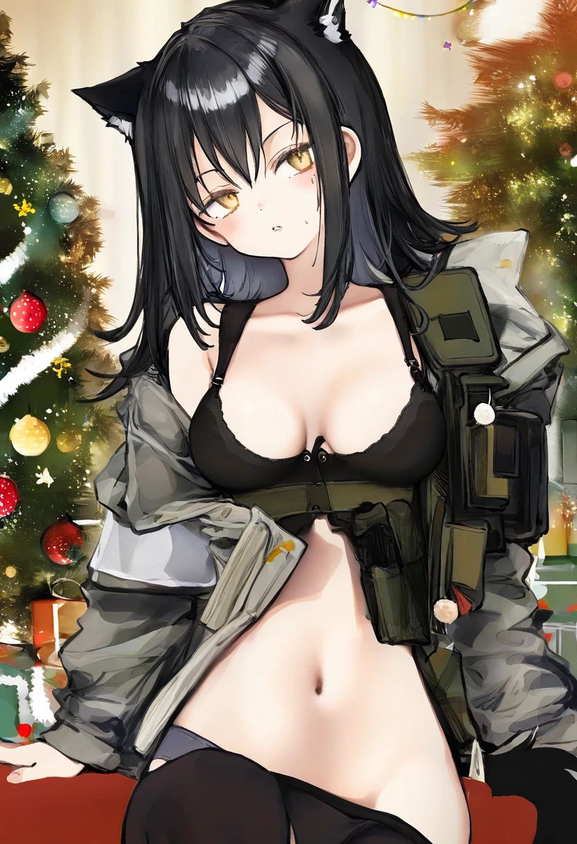 huanxiang heitu,tiv,sofra,nanashi \(nlo\),hisona \(suaritesumi\), - 1girl,texas \(arknights\),arknights,underwear,tactical vest,christmas tree,christmas ornaments,