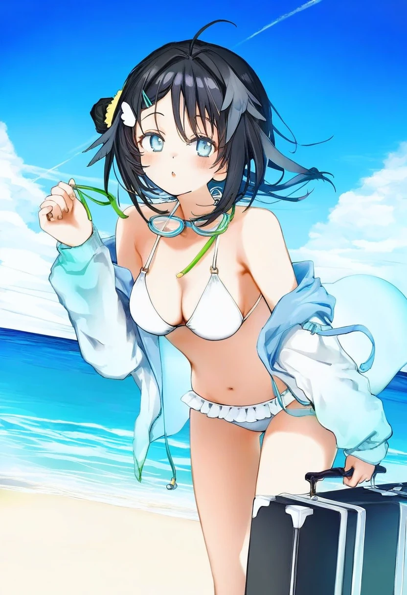 huanxiang heitu,tiv,sofra,nanashi \(nlo\),hisona \(suaritesumi\), - 1girl,la pluma \(summer flowers\) \(arknights\),arknights,white bikini,outdoors,navel,day,sky,blue sky,beach,suitcase,looking at viewer,ocean,low-tied long hair,leaning forward,standing,holding,frills,hand up,bare shoulders,floating hair,