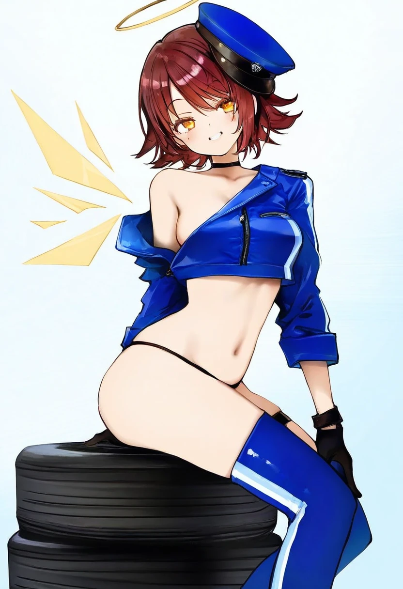 huanxiang heitu,tiv,sofra,nanashi \(nlo\),hisona \(suaritesumi\), - 1girl,exusiai \(arknights\),arknights,black gloves,black panties,blue thigh boots,blue hat,blue jacket,long sleeves,race queen,thigh strap,thong,single bare shoulder,skindentation,tire,