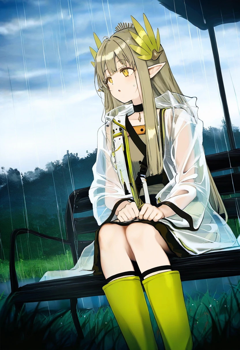 huanxiang heitu,tiv,sofra,nanashi \(nlo\),hisona \(suaritesumi\), - 1girl,muelsyse \(arknights\),arknights,cloudy sky,grass,on bench,outdoors,rain,road,yellow rubber boots,see-through coat,sitting,transparent raincoat,water drop,