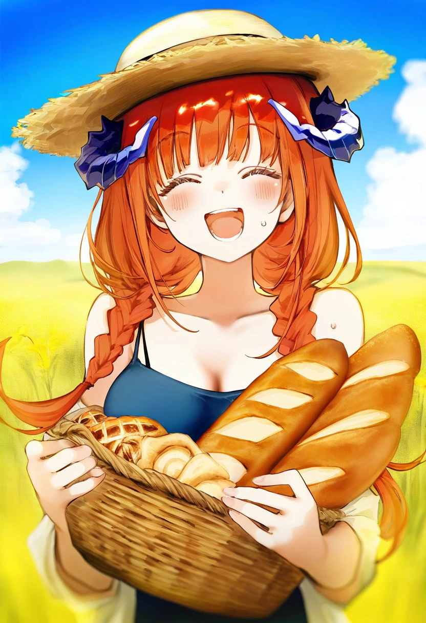huanxiang heitu,tiv,sofra,nanashi \(nlo\),hisona \(suaritesumi\), - 1girl,bagpipe \(arknights\),arknights,baguette,blush,bread,croissant,holding basket,pretzel,upper body,straw hat,field,sky,laughing,sweat,sunlight,