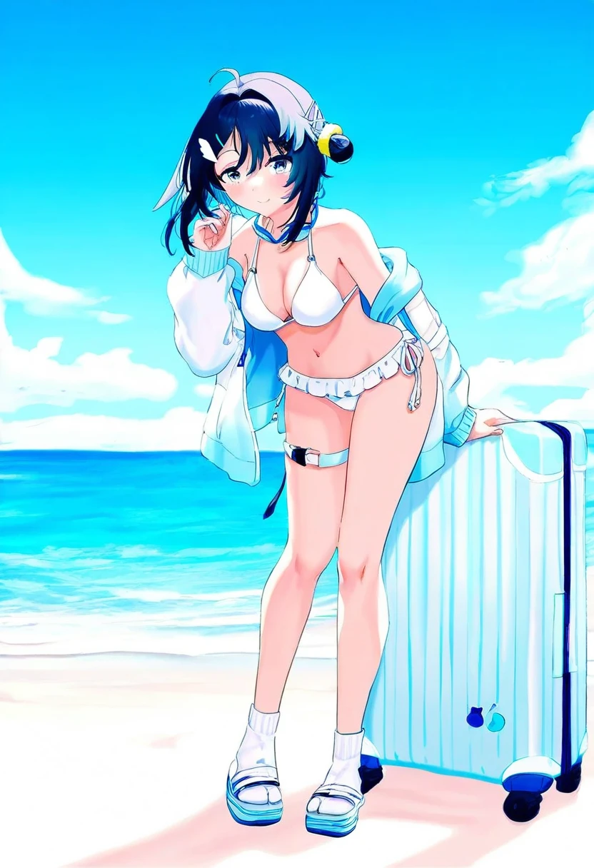 tabi \(tabisumika\),[[[[ao+beni]]]],ayul \(ayulneri 92\),[yokochou],(rin31153336),(migolu), - 1girl,la pluma \(summer flowers\) \(arknights\),arknights,white bikini,outdoors,navel,day,sky,blue sky,beach,suitcase,looking at viewer,ocean,low-tied long hair,leaning forward,standing,holding,frills,hand up,bare shoulders,floating hair,
