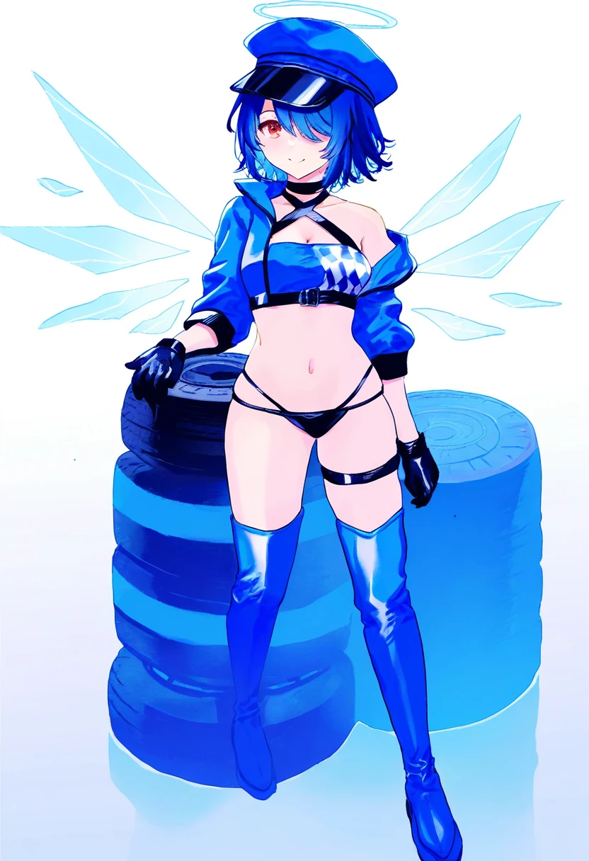tabi \(tabisumika\),[[[[ao+beni]]]],ayul \(ayulneri 92\),[yokochou],(rin31153336),(migolu), - 1girl,exusiai \(arknights\),arknights,black gloves,black panties,blue thigh boots,blue hat,blue jacket,long sleeves,race queen,thigh strap,thong,single bare shoulder,skindentation,tire,