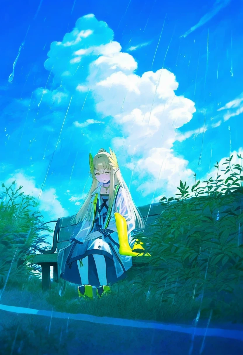 tabi \(tabisumika\),[[[[ao+beni]]]],ayul \(ayulneri 92\),[yokochou],(rin31153336),(migolu), - 1girl,muelsyse \(arknights\),arknights,cloudy sky,grass,on bench,outdoors,rain,road,yellow rubber boots,see-through coat,sitting,transparent raincoat,water drop,