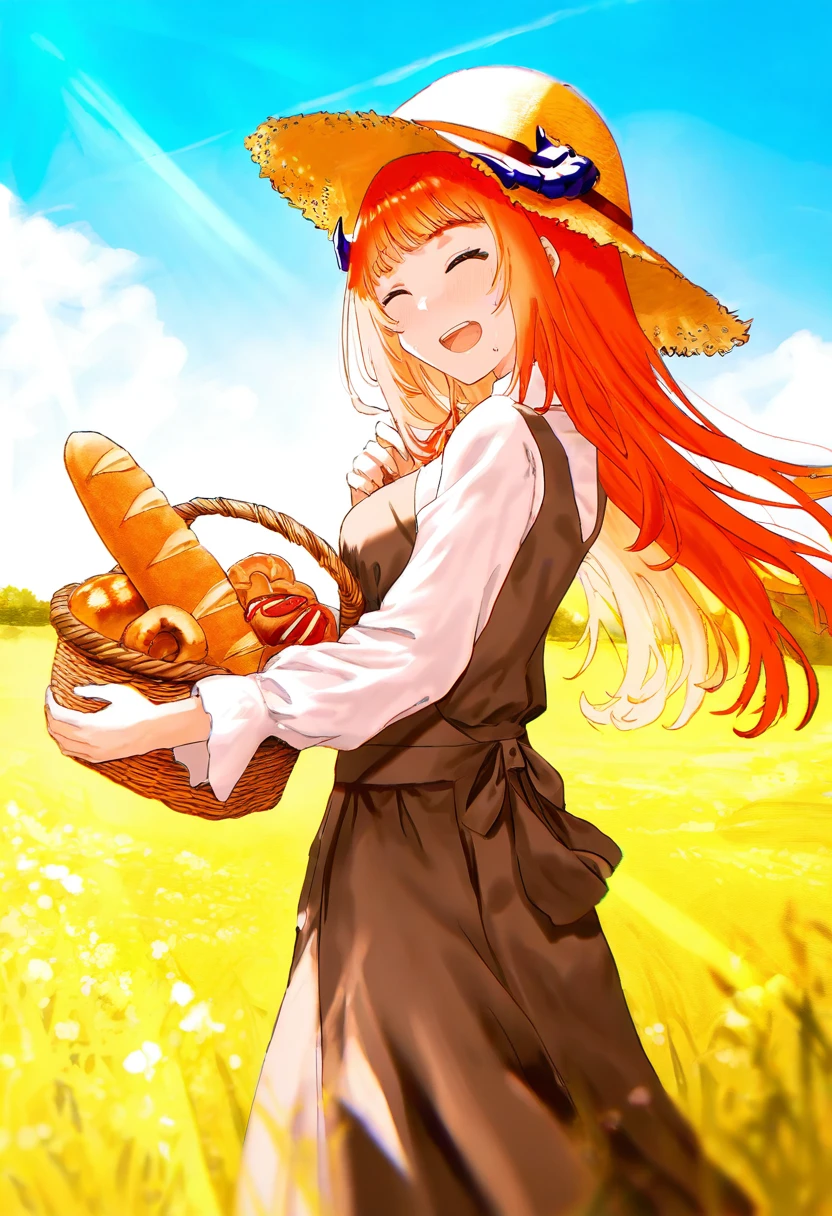 tabi \(tabisumika\),[[[[ao+beni]]]],ayul \(ayulneri 92\),[yokochou],(rin31153336),(migolu), - 1girl,bagpipe \(arknights\),arknights,baguette,blush,bread,croissant,holding basket,pretzel,upper body,straw hat,field,sky,laughing,sweat,sunlight,