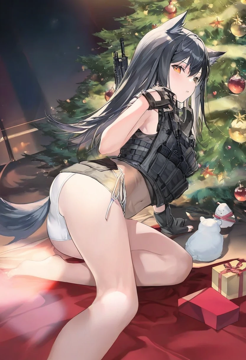 kousaki rui,[[daifuku mame \(kageroudt33\)]],chyoel,[[lpip]],koe \(mixpi\),[atdan],kaninn, - 1girl,texas \(arknights\),arknights,underwear,tactical vest,christmas tree,christmas ornaments,