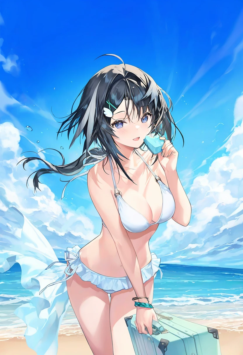 kousaki rui,[[daifuku mame \(kageroudt33\)]],chyoel,[[lpip]],koe \(mixpi\),[atdan],kaninn, - 1girl,la pluma \(summer flowers\) \(arknights\),arknights,white bikini,outdoors,navel,day,sky,blue sky,beach,suitcase,looking at viewer,ocean,low-tied long hair,leaning forward,standing,holding,frills,hand up,bare shoulders,floating hair,