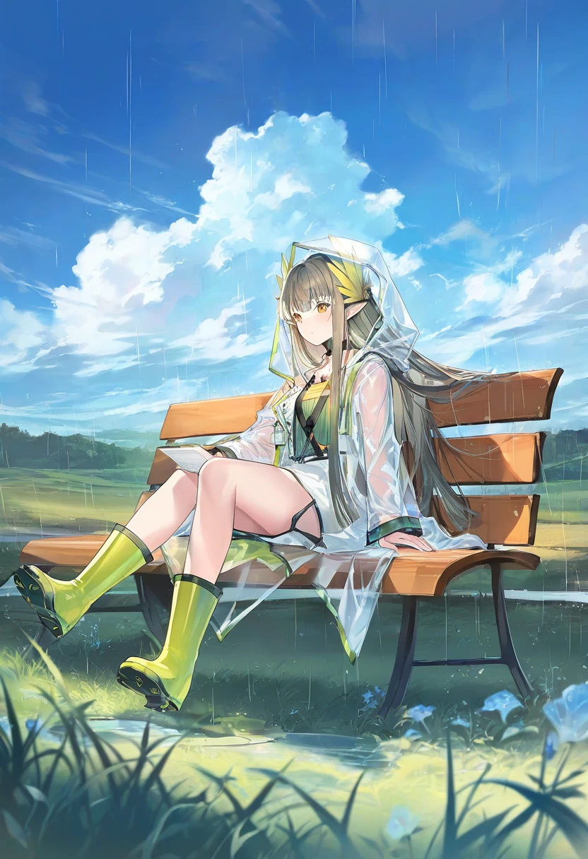 kousaki rui,[[daifuku mame \(kageroudt33\)]],chyoel,[[lpip]],koe \(mixpi\),[atdan],kaninn, - 1girl,muelsyse \(arknights\),arknights,cloudy sky,grass,on bench,outdoors,rain,road,yellow rubber boots,see-through coat,sitting,transparent raincoat,water drop,