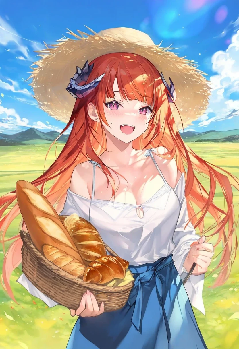 kousaki rui,[[daifuku mame \(kageroudt33\)]],chyoel,[[lpip]],koe \(mixpi\),[atdan],kaninn, - 1girl,bagpipe \(arknights\),arknights,baguette,blush,bread,croissant,holding basket,pretzel,upper body,straw hat,field,sky,laughing,sweat,sunlight,