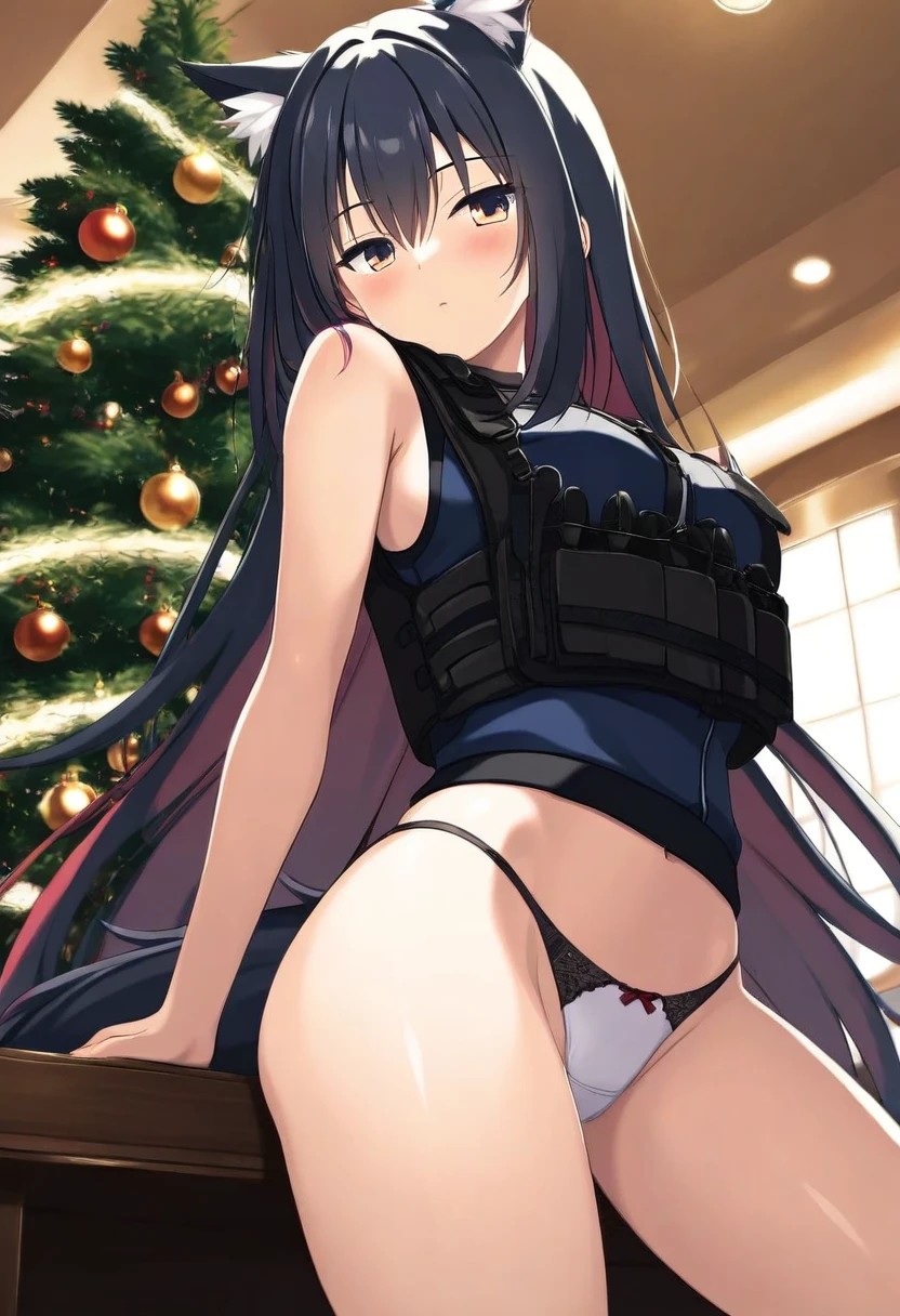 Yuzusoft,Senren Banka, - 1girl,texas \(arknights\),arknights,underwear,tactical vest,christmas tree,christmas ornaments,