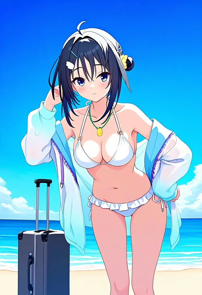 Yuzusoft,Senren Banka, - 1girl,la pluma \(summer flowers\) \(arknights\),arknights,white bikini,outdoors,navel,day,sky,blue sky,beach,suitcase,looking at viewer,ocean,low-tied long hair,leaning forward,standing,holding,frills,hand up,bare shoulders,floating hair,