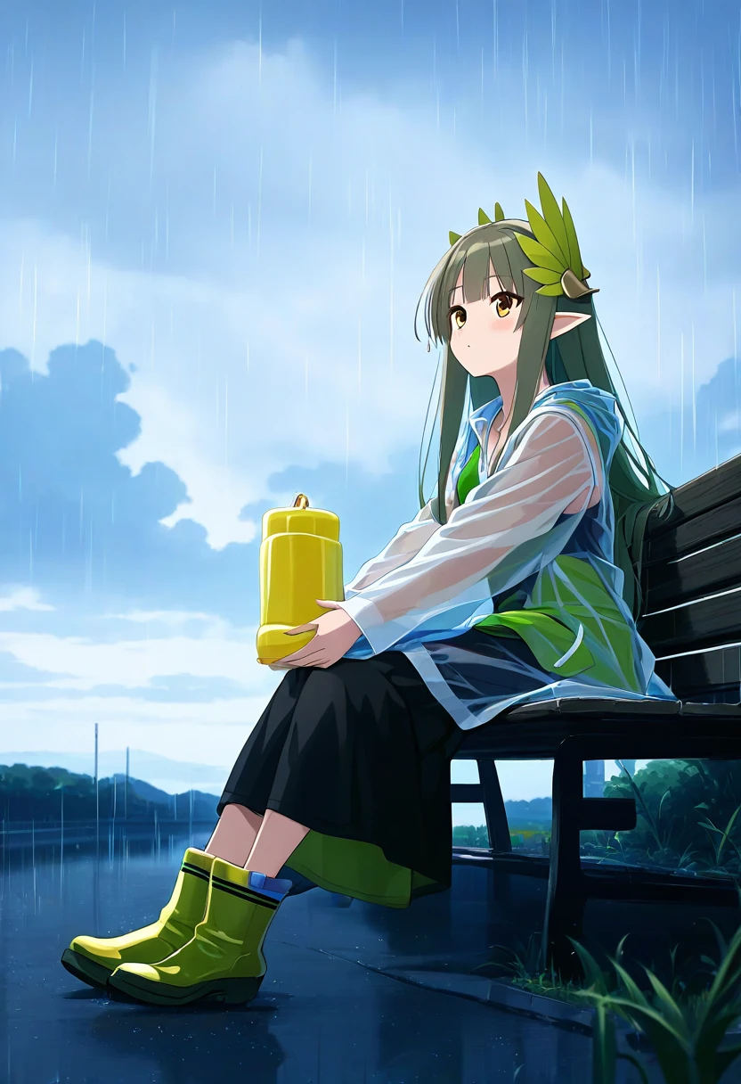 Yuzusoft,Senren Banka, - 1girl,muelsyse \(arknights\),arknights,cloudy sky,grass,on bench,outdoors,rain,road,yellow rubber boots,see-through coat,sitting,transparent raincoat,water drop,