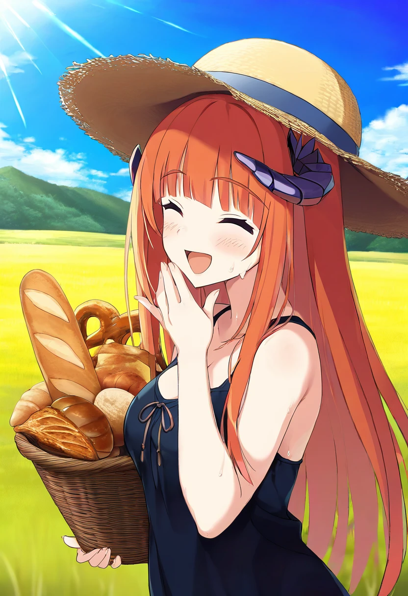 Yuzusoft,Senren Banka, - 1girl,bagpipe \(arknights\),arknights,baguette,blush,bread,croissant,holding basket,pretzel,upper body,straw hat,field,sky,laughing,sweat,sunlight,