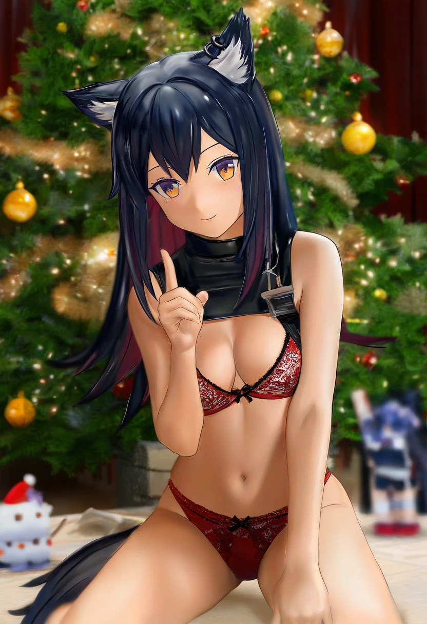 render,c4d,photo-referenced,((((nendoroid)))),Handmade,3d, - 1girl,texas \(arknights\),arknights,underwear,tactical vest,christmas tree,christmas ornaments,