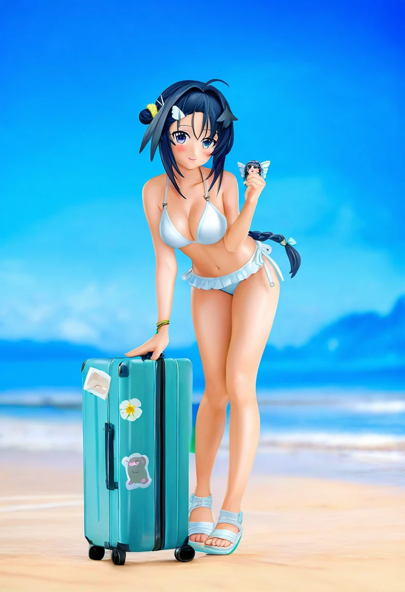 render,c4d,photo-referenced,((((nendoroid)))),Handmade,3d, - 1girl,la pluma \(summer flowers\) \(arknights\),arknights,white bikini,outdoors,navel,day,sky,blue sky,beach,suitcase,looking at viewer,ocean,low-tied long hair,leaning forward,standing,holding,frills,hand up,bare shoulders,floating hair,