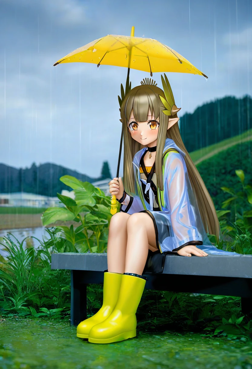 render,c4d,photo-referenced,((((nendoroid)))),Handmade,3d, - 1girl,muelsyse \(arknights\),arknights,cloudy sky,grass,on bench,outdoors,rain,road,yellow rubber boots,see-through coat,sitting,transparent raincoat,water drop,