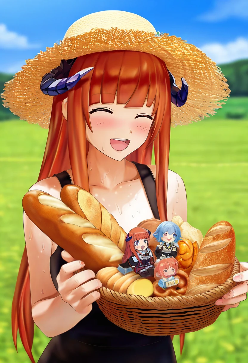 render,c4d,photo-referenced,((((nendoroid)))),Handmade,3d, - 1girl,bagpipe \(arknights\),arknights,baguette,blush,bread,croissant,holding basket,pretzel,upper body,straw hat,field,sky,laughing,sweat,sunlight,