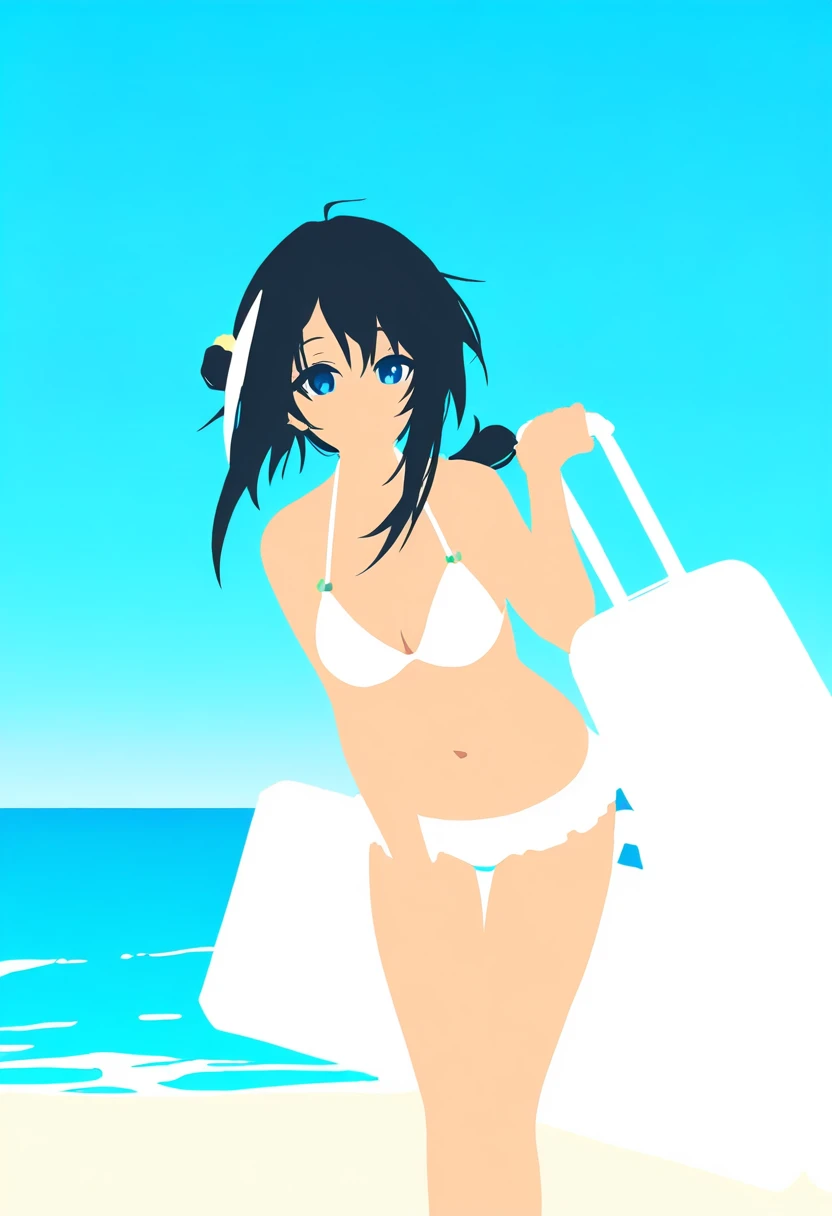 minimalism,((no lineart)),(((faceless))),simple background,blending,flat color,limited palette, - 1girl,la pluma \(summer flowers\) \(arknights\),arknights,white bikini,outdoors,navel,day,sky,blue sky,beach,suitcase,looking at viewer,ocean,low-tied long hair,leaning forward,standing,holding,frills,hand up,bare shoulders,floating hair,
