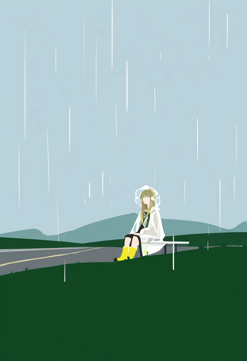 minimalism,((no lineart)),(((faceless))),simple background,blending,flat color,limited palette, - 1girl,muelsyse \(arknights\),arknights,cloudy sky,grass,on bench,outdoors,rain,road,yellow rubber boots,see-through coat,sitting,transparent raincoat,water drop,