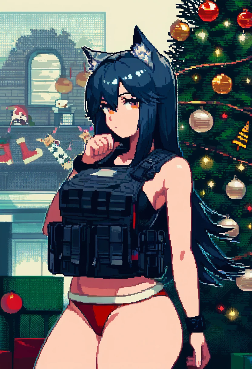 (pixel art,Aaron Hain), - 1girl,texas \(arknights\),arknights,underwear,tactical vest,christmas tree,christmas ornaments,