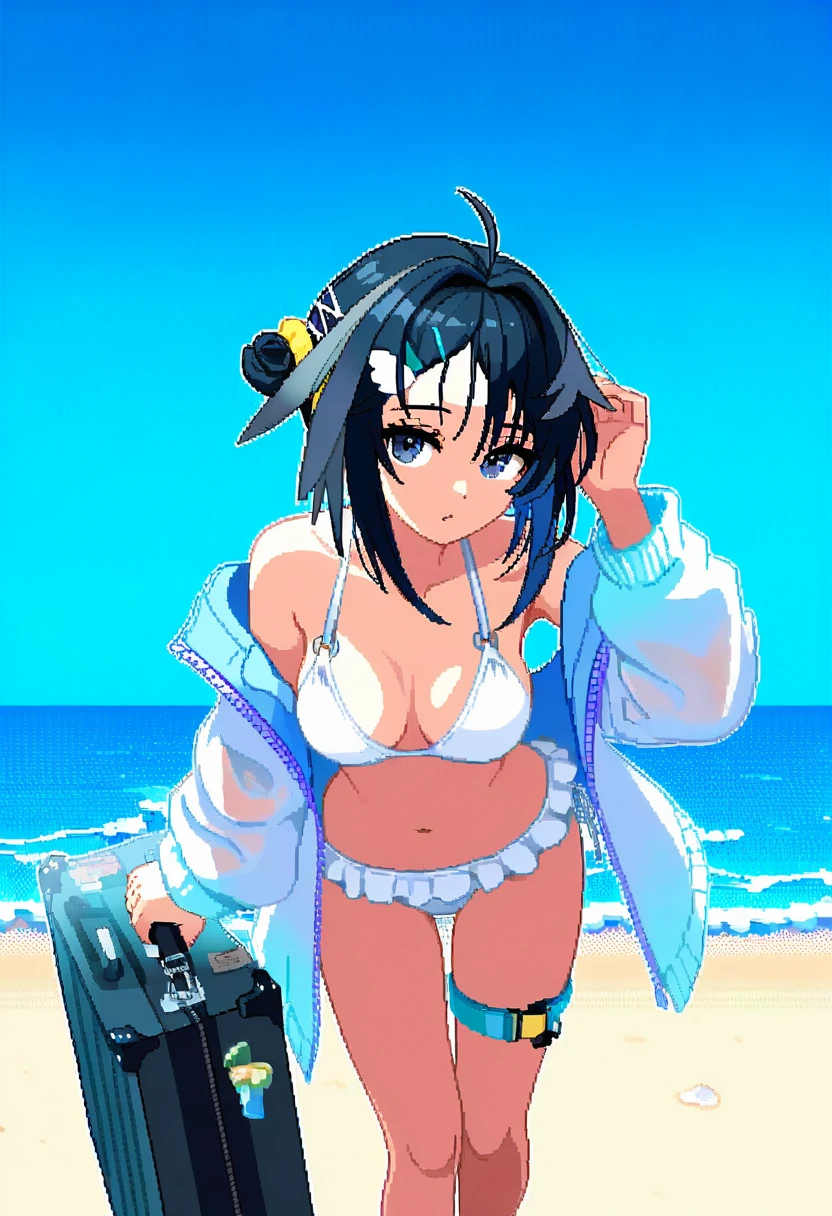 (pixel art,Aaron Hain), - 1girl,la pluma \(summer flowers\) \(arknights\),arknights,white bikini,outdoors,navel,day,sky,blue sky,beach,suitcase,looking at viewer,ocean,low-tied long hair,leaning forward,standing,holding,frills,hand up,bare shoulders,floating hair,