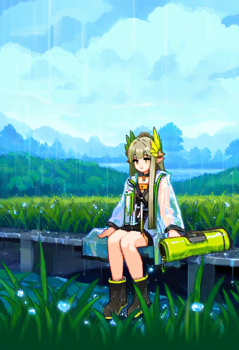(pixel art,Aaron Hain), - 1girl,muelsyse \(arknights\),arknights,cloudy sky,grass,on bench,outdoors,rain,road,yellow rubber boots,see-through coat,sitting,transparent raincoat,water drop,