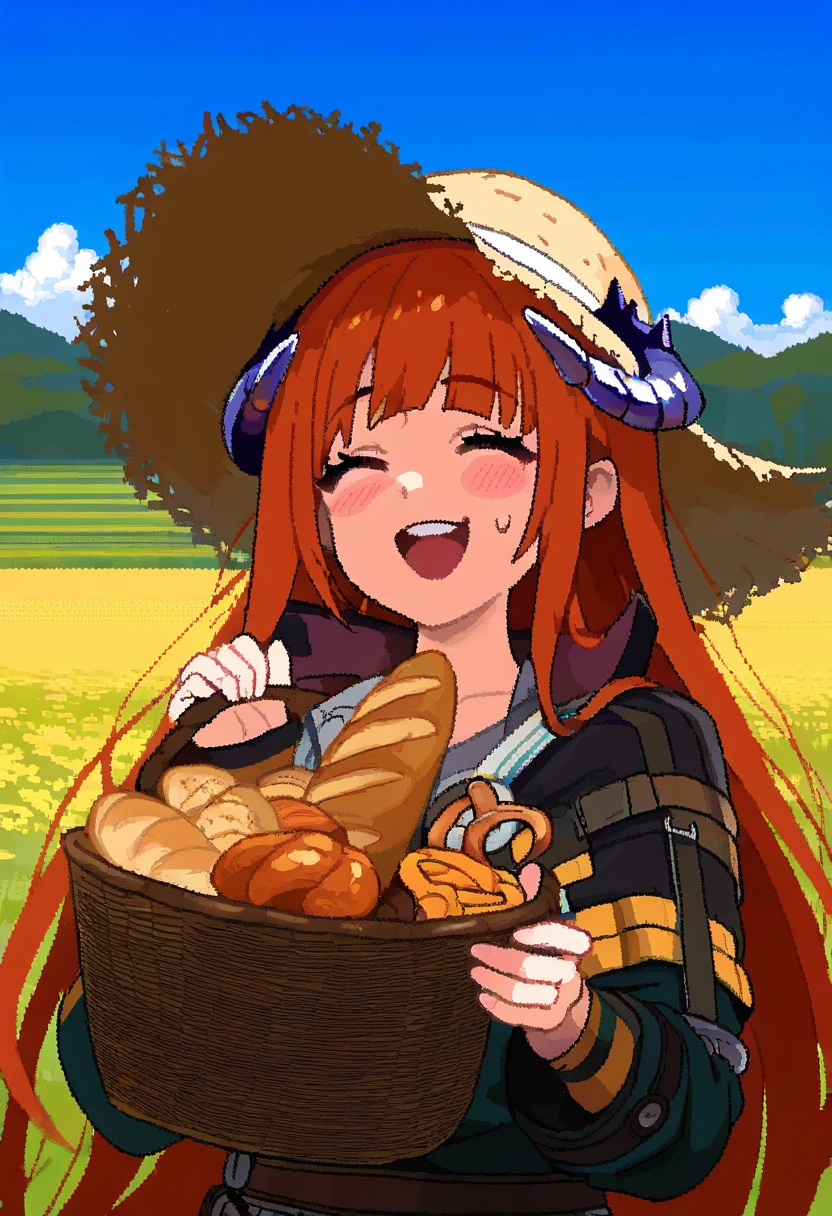 (pixel art,Aaron Hain), - 1girl,bagpipe \(arknights\),arknights,baguette,blush,bread,croissant,holding basket,pretzel,upper body,straw hat,field,sky,laughing,sweat,sunlight,