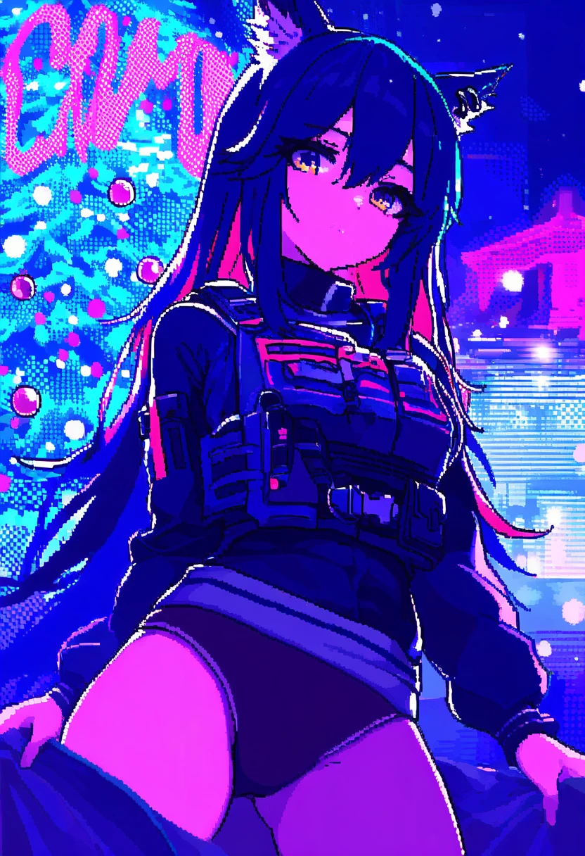 (((pixel art))),((neon palette)), - 1girl,texas \(arknights\),arknights,underwear,tactical vest,christmas tree,christmas ornaments,