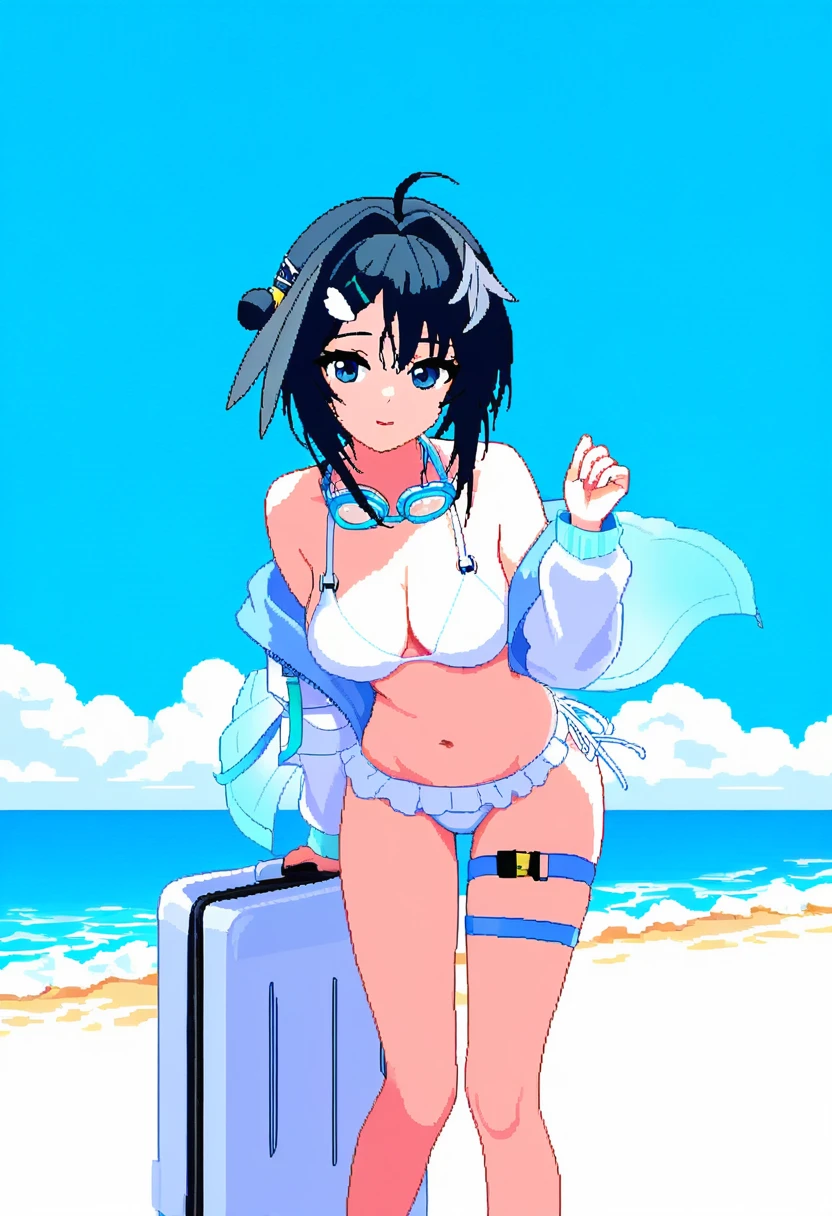 (((pixel art))),((neon palette)), - 1girl,la pluma \(summer flowers\) \(arknights\),arknights,white bikini,outdoors,navel,day,sky,blue sky,beach,suitcase,looking at viewer,ocean,low-tied long hair,leaning forward,standing,holding,frills,hand up,bare shoulders,floating hair,