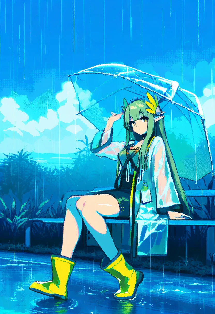 (((pixel art))),((neon palette)), - 1girl,muelsyse \(arknights\),arknights,cloudy sky,grass,on bench,outdoors,rain,road,yellow rubber boots,see-through coat,sitting,transparent raincoat,water drop,