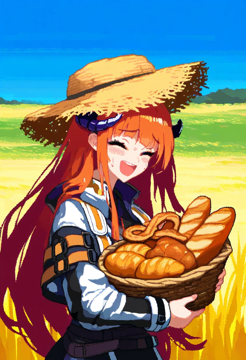 (((pixel art))),((neon palette)), - 1girl,bagpipe \(arknights\),arknights,baguette,blush,bread,croissant,holding basket,pretzel,upper body,straw hat,field,sky,laughing,sweat,sunlight,