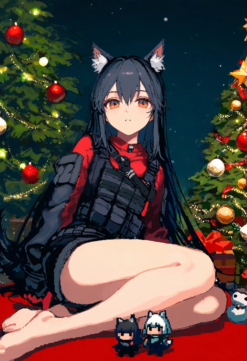 ((((pixel art)))),[ashima takumi],[[ciloranko]],[[wlop]],cierra \(ra-bit\),[noyu \(noyu23386566\)], - 1girl,texas \(arknights\),arknights,underwear,tactical vest,christmas tree,christmas ornaments,