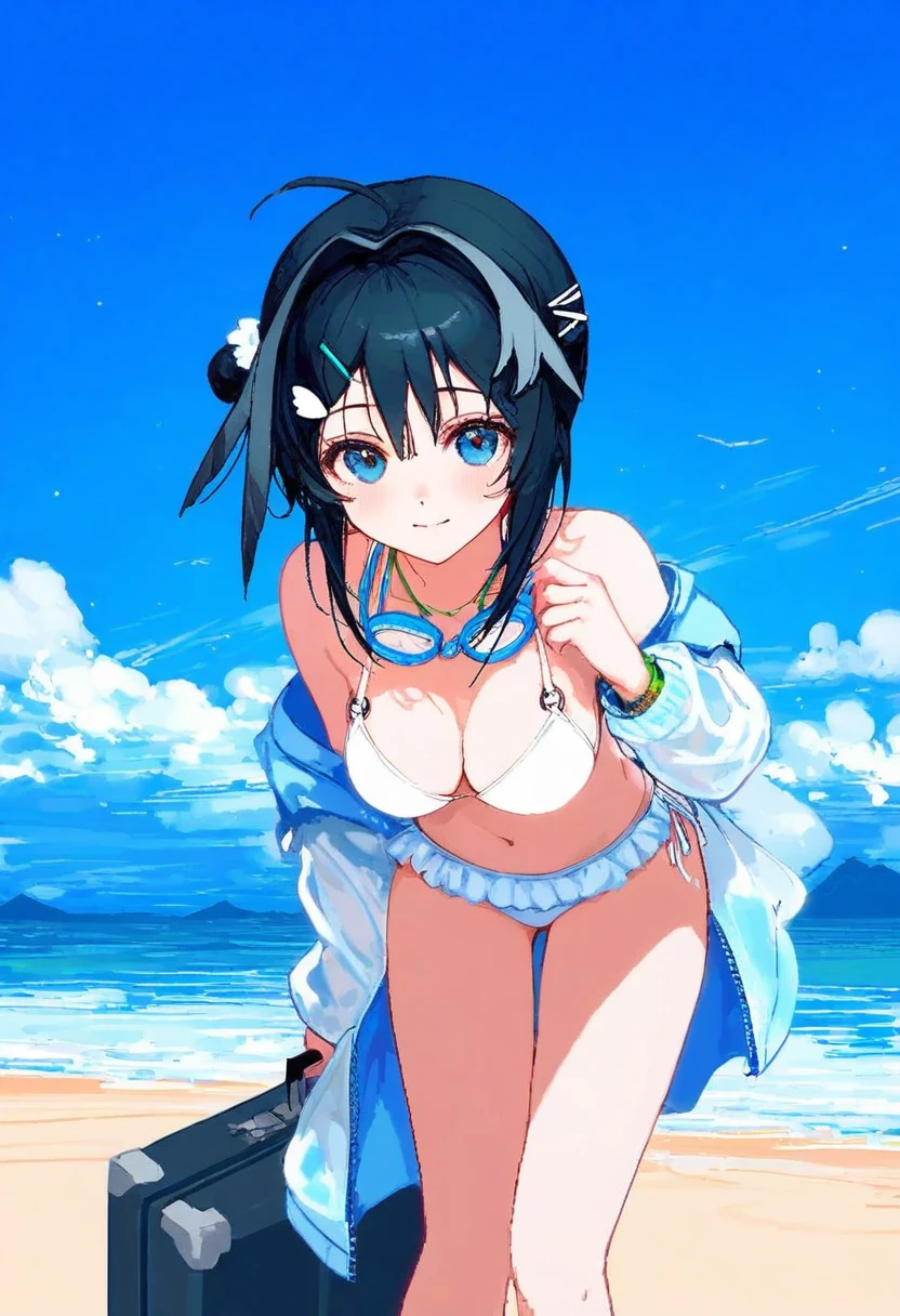 ((((pixel art)))),[ashima takumi],[[ciloranko]],[[wlop]],cierra \(ra-bit\),[noyu \(noyu23386566\)], - 1girl,la pluma \(summer flowers\) \(arknights\),arknights,white bikini,outdoors,navel,day,sky,blue sky,beach,suitcase,looking at viewer,ocean,low-tied long hair,leaning forward,standing,holding,frills,hand up,bare shoulders,floating hair,