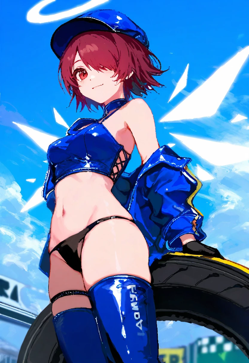 ((((pixel art)))),[ashima takumi],[[ciloranko]],[[wlop]],cierra \(ra-bit\),[noyu \(noyu23386566\)], - 1girl,exusiai \(arknights\),arknights,black gloves,black panties,blue thigh boots,blue hat,blue jacket,long sleeves,race queen,thigh strap,thong,single bare shoulder,skindentation,tire,