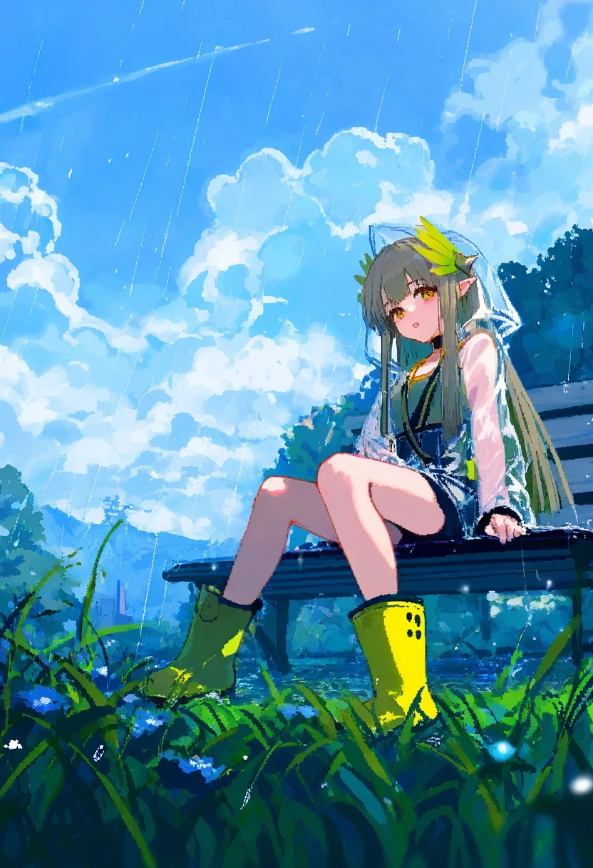((((pixel art)))),[ashima takumi],[[ciloranko]],[[wlop]],cierra \(ra-bit\),[noyu \(noyu23386566\)], - 1girl,muelsyse \(arknights\),arknights,cloudy sky,grass,on bench,outdoors,rain,road,yellow rubber boots,see-through coat,sitting,transparent raincoat,water drop,