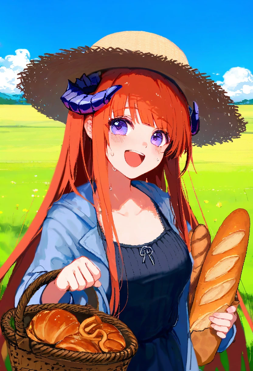 ((((pixel art)))),[ashima takumi],[[ciloranko]],[[wlop]],cierra \(ra-bit\),[noyu \(noyu23386566\)], - 1girl,bagpipe \(arknights\),arknights,baguette,blush,bread,croissant,holding basket,pretzel,upper body,straw hat,field,sky,laughing,sweat,sunlight,