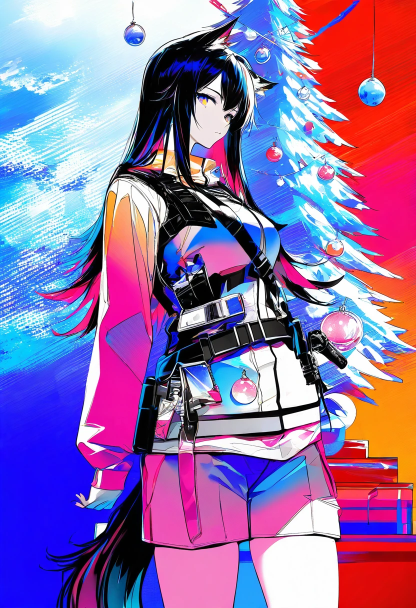 ((ff gradient)),((limited palette)),high contrast,inverted colors,colorful,(Stunning composition), - 1girl,texas \(arknights\),arknights,underwear,tactical vest,christmas tree,christmas ornaments,