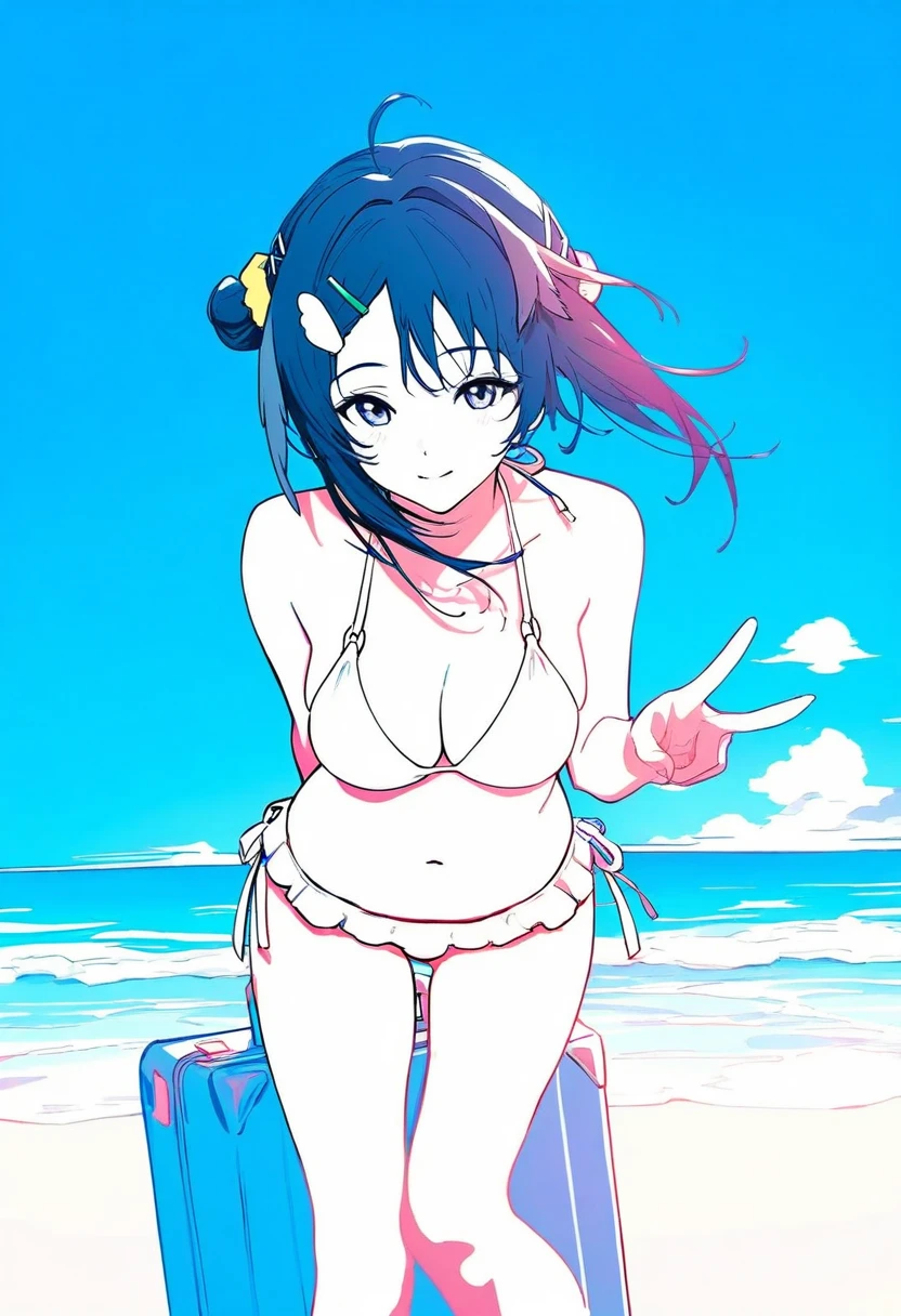 ((ff gradient)),((limited palette)),high contrast,inverted colors,colorful,(Stunning composition), - 1girl,la pluma \(summer flowers\) \(arknights\),arknights,white bikini,outdoors,navel,day,sky,blue sky,beach,suitcase,looking at viewer,ocean,low-tied long hair,leaning forward,standing,holding,frills,hand up,bare shoulders,floating hair,