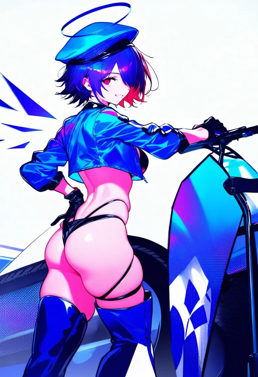 ((ff gradient)),((limited palette)),high contrast,inverted colors,colorful,(Stunning composition), - 1girl,exusiai \(arknights\),arknights,black gloves,black panties,blue thigh boots,blue hat,blue jacket,long sleeves,race queen,thigh strap,thong,single bare shoulder,skindentation,tire,