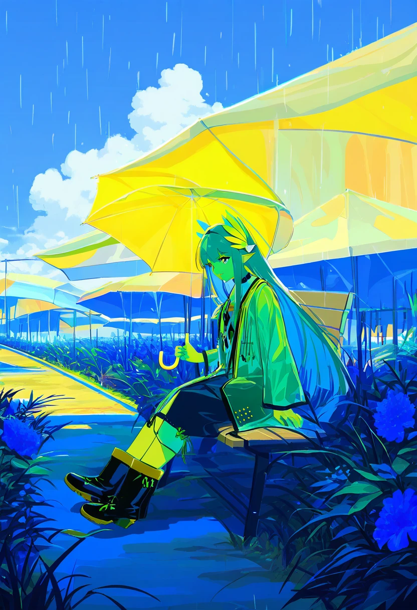 ((ff gradient)),((limited palette)),high contrast,inverted colors,colorful,(Stunning composition), - 1girl,muelsyse \(arknights\),arknights,cloudy sky,grass,on bench,outdoors,rain,road,yellow rubber boots,see-through coat,sitting,transparent raincoat,water drop,