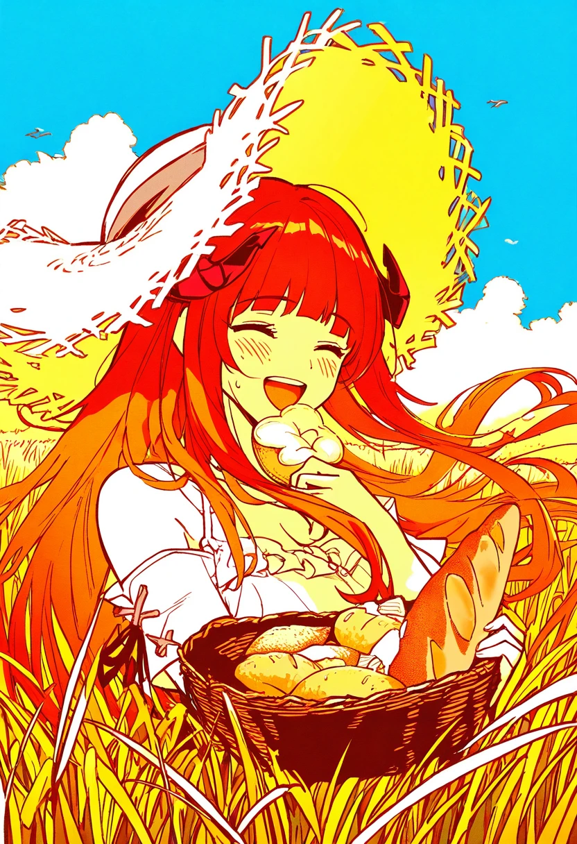 ((ff gradient)),((limited palette)),high contrast,inverted colors,colorful,(Stunning composition), - 1girl,bagpipe \(arknights\),arknights,baguette,blush,bread,croissant,holding basket,pretzel,upper body,straw hat,field,sky,laughing,sweat,sunlight,