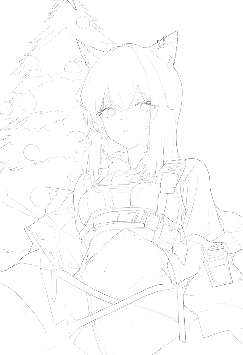 portrait,lineart,monochrome,black and white, - 1girl,texas \(arknights\),arknights,underwear,tactical vest,christmas tree,christmas ornaments,