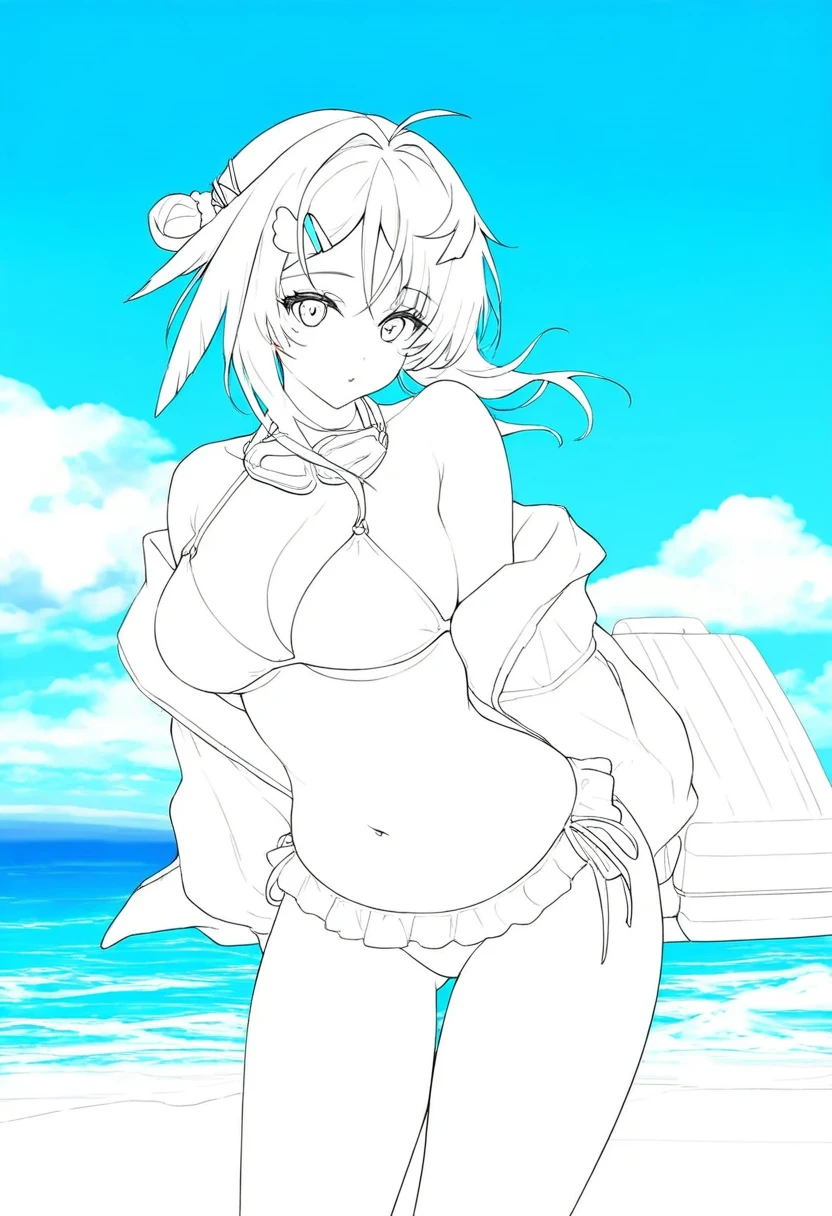portrait,lineart,monochrome,black and white, - 1girl,la pluma \(summer flowers\) \(arknights\),arknights,white bikini,outdoors,navel,day,sky,blue sky,beach,suitcase,looking at viewer,ocean,low-tied long hair,leaning forward,standing,holding,frills,hand up,bare shoulders,floating hair,