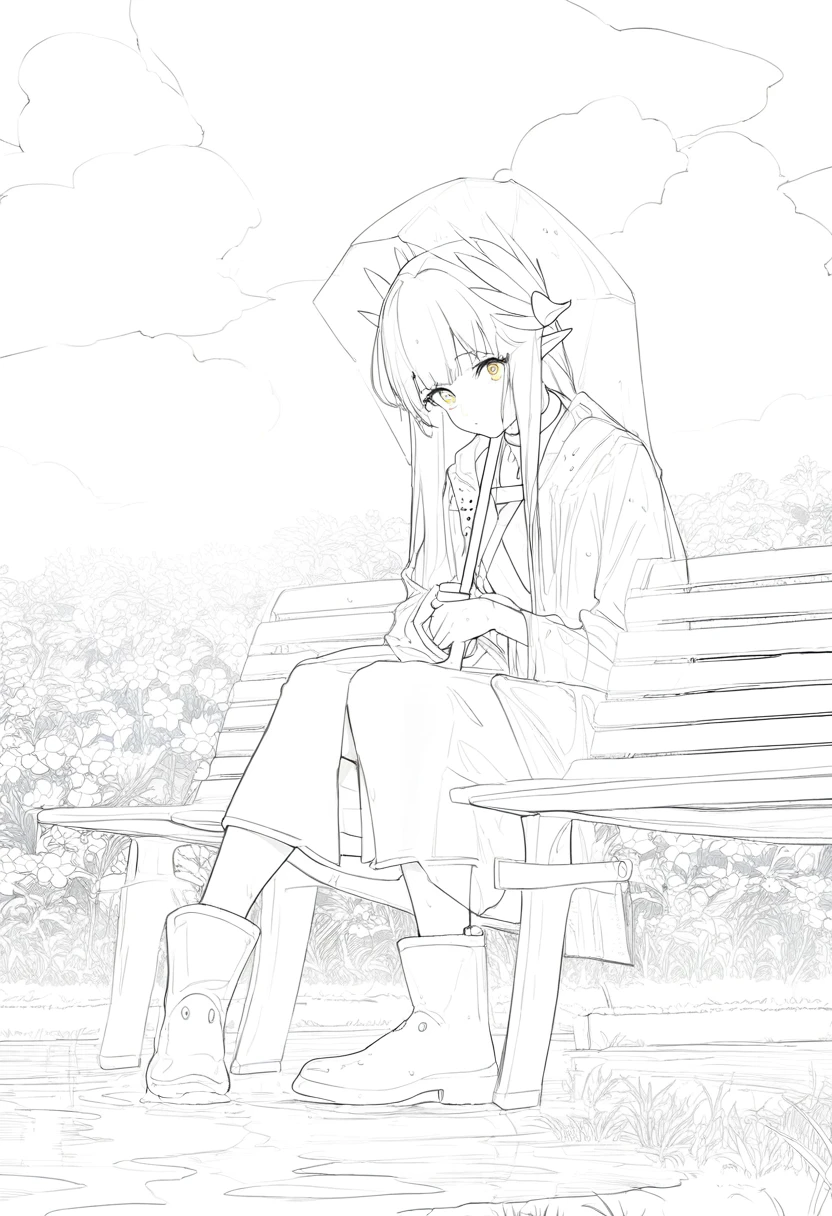 portrait,lineart,monochrome,black and white, - 1girl,muelsyse \(arknights\),arknights,cloudy sky,grass,on bench,outdoors,rain,road,yellow rubber boots,see-through coat,sitting,transparent raincoat,water drop,