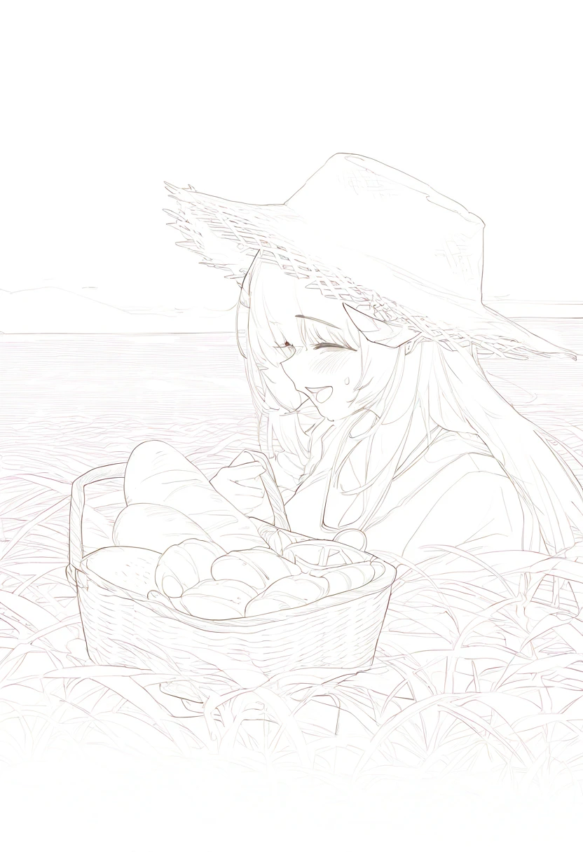 portrait,lineart,monochrome,black and white, - 1girl,bagpipe \(arknights\),arknights,baguette,blush,bread,croissant,holding basket,pretzel,upper body,straw hat,field,sky,laughing,sweat,sunlight,